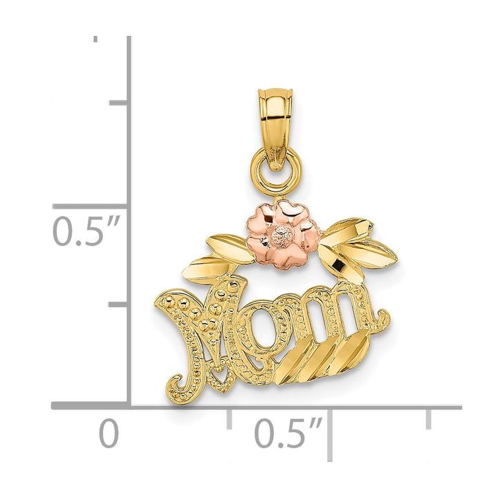 10K Two-Tone Gold Solid Polished Textured Medium MOM and Flower Charm