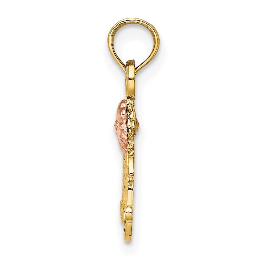 10K Two-Tone Gold Solid Polished Textured Medium MOM and Flower Charm