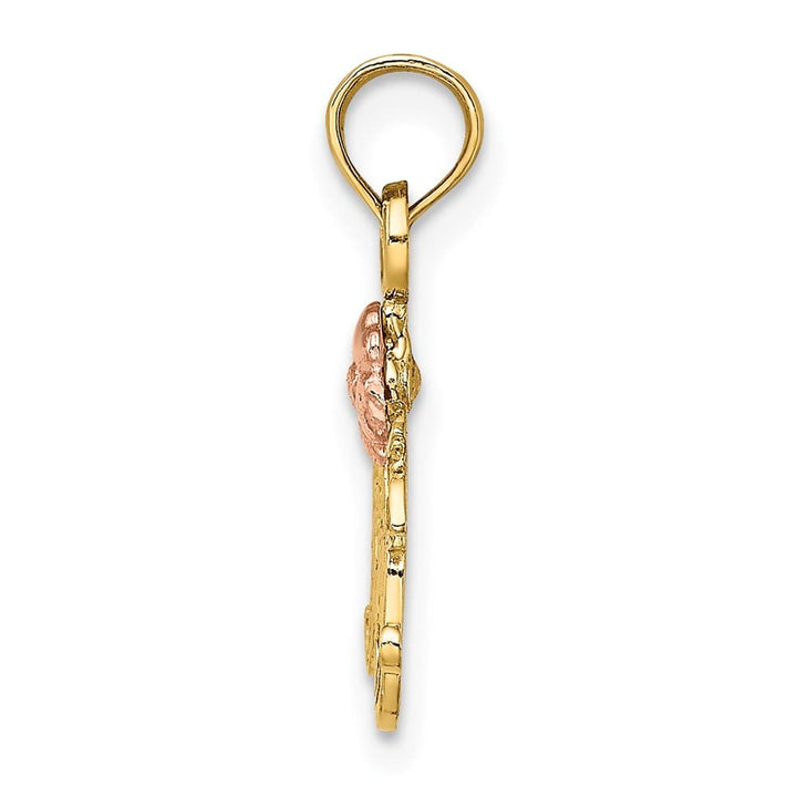 10K Two-Tone Gold Solid Polished Textured Medium MOM and Flower Charm