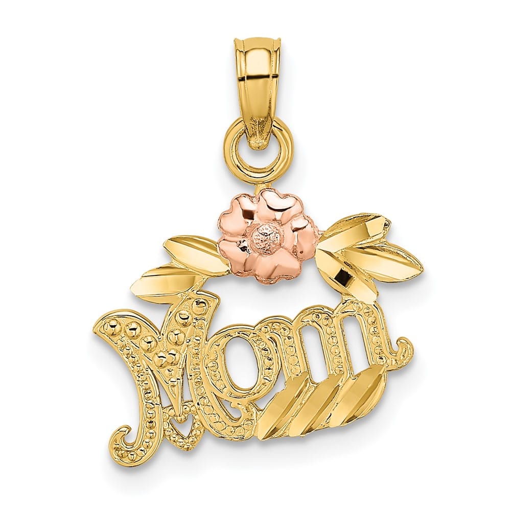 10K Two-Tone Gold Solid Polished Textured Medium MOM and Flower Charm