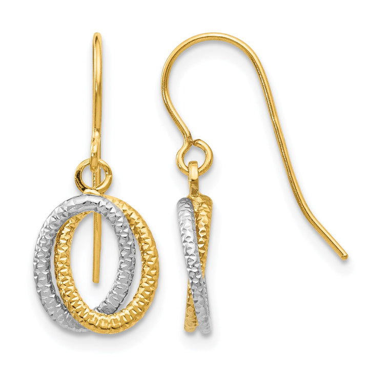 10k Two-tone Gold Textured Fancy Dangle Shepherd Hook Earrings