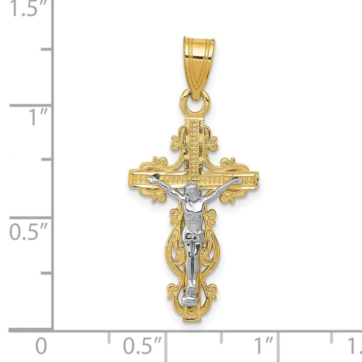 10K Two-Tone Gold Textured Large Filigree Edge Crucifix Pendant