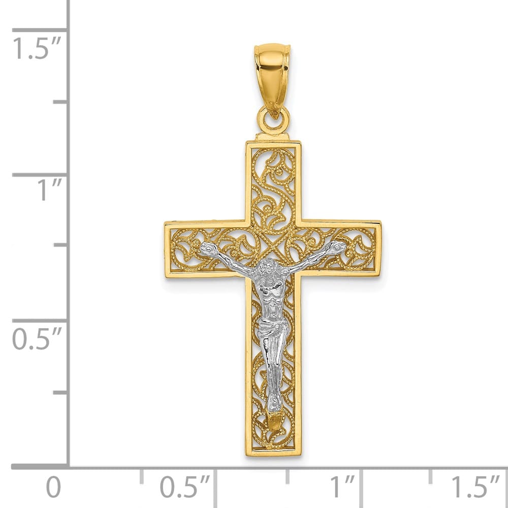 10K Two-Tone Gold Textured Large Swirl Design Latin Crucifix Pendant