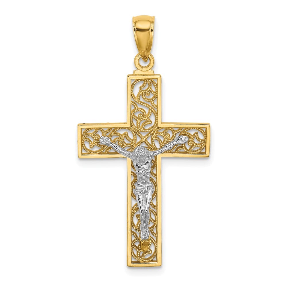 10K Two-Tone Gold Textured Large Swirl Design Latin Crucifix Pendant