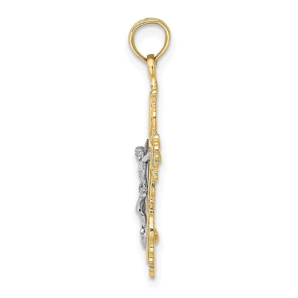 10K Two-Tone Gold Textured Large with Lace Trim Crucifix Charm