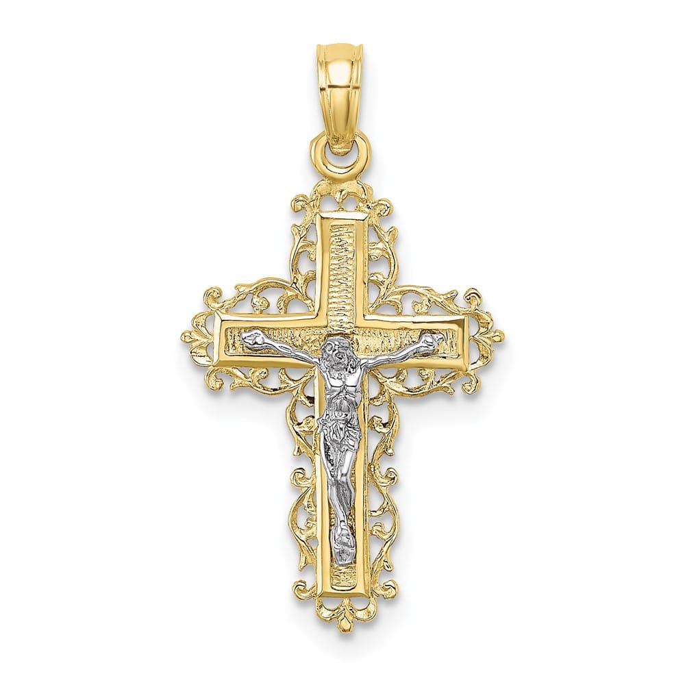 10K Two-Tone Gold Textured Large with Lace Trim Crucifix Charm