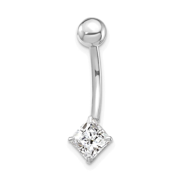 10k White Gold 14 Gauge 5mm Square CZ Belly Dangle