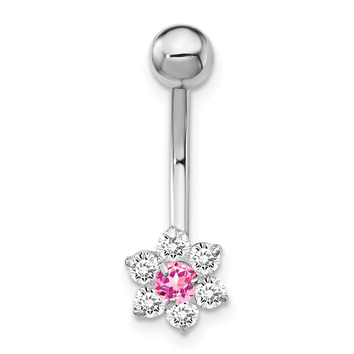 10k White Gold 14 Gauge CZ Flower with Pink Center Belly Dangle