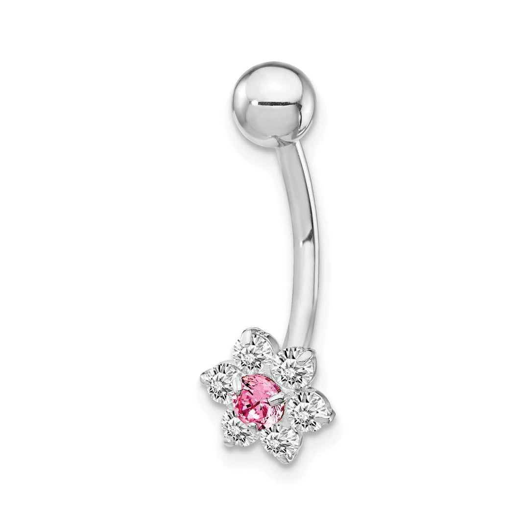10k White Gold 14 Gauge CZ Flower with Pink Center Belly Dangle