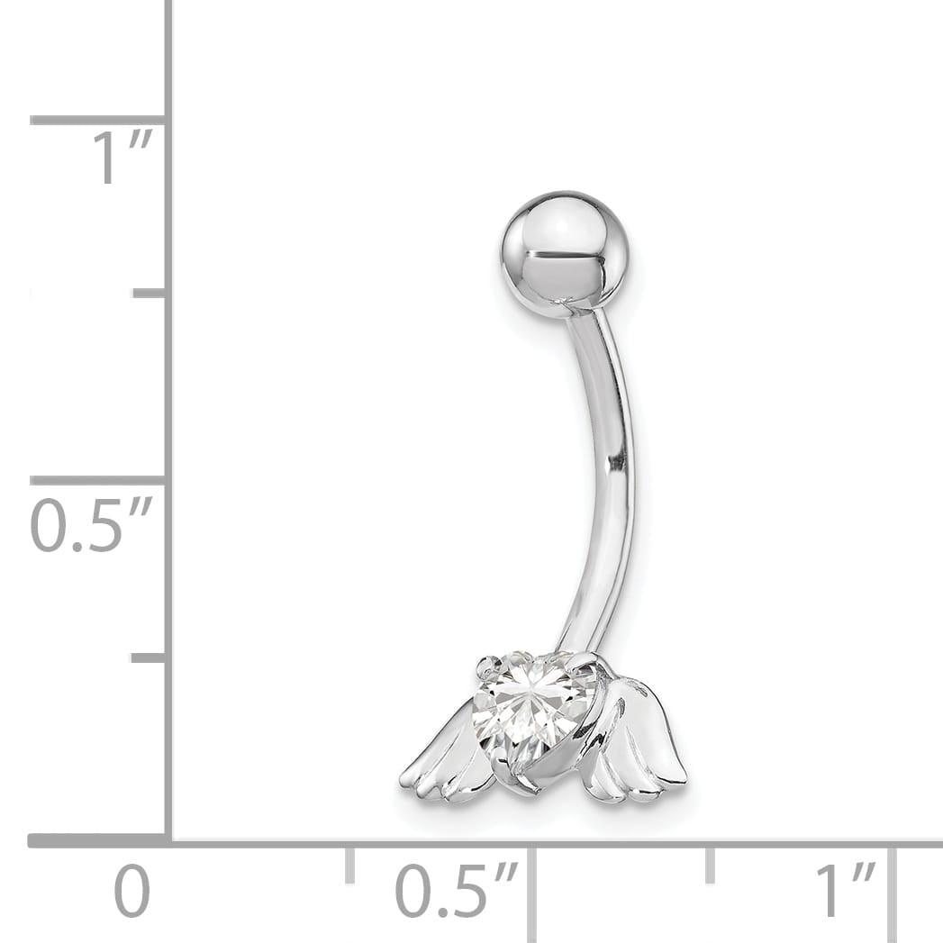 10k White Gold 14 Gauge CZ Heart with Angel Wings Belly Dangle