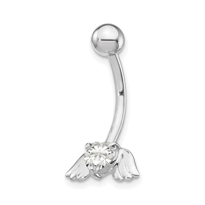 10k White Gold 14 Gauge CZ Heart with Angel Wings Belly Dangle