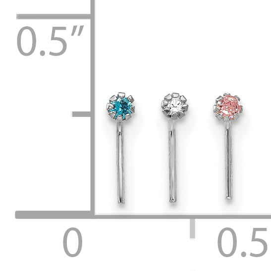 10k White Gold 20 Gauge Set of Three 1.5mm Blue/Clear/Pink CZ Nose Studs
