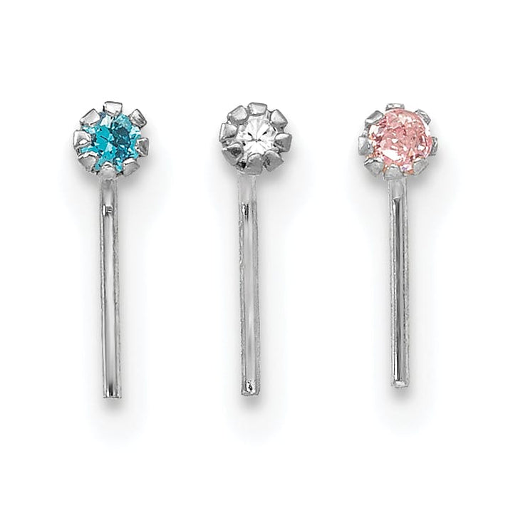 10k White Gold 20 Gauge Set of Three 1.5mm Blue/Clear/Pink CZ Nose Studs