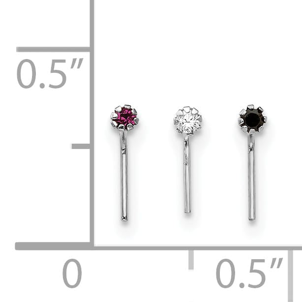 10k White Gold 20 Gauge Set of Three 1.5mm Dark Red/Clear/Black CZ Nose Studs