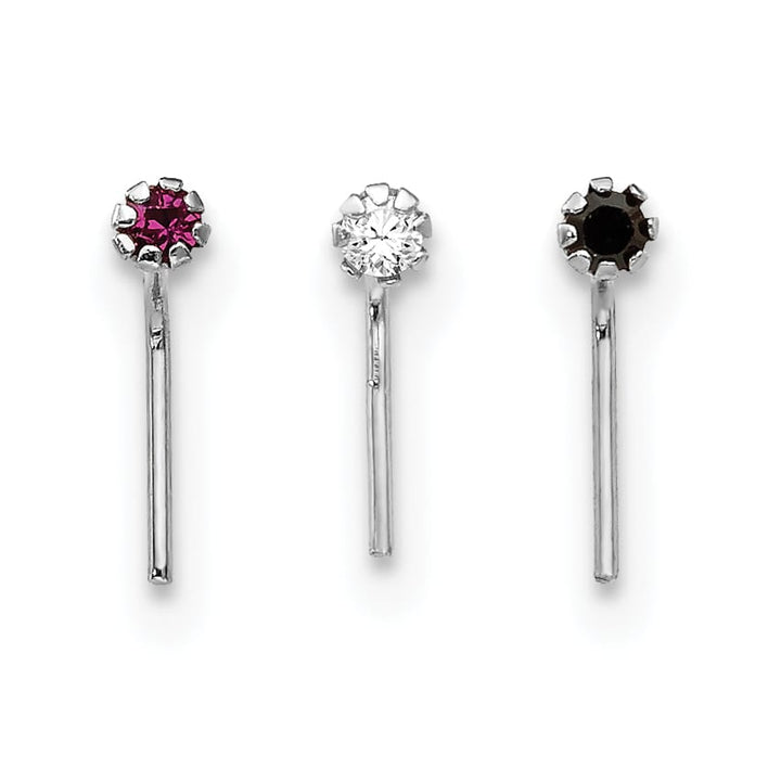 10k White Gold 20 Gauge Set of Three 1.5mm Dark Red/Clear/Black CZ Nose Studs