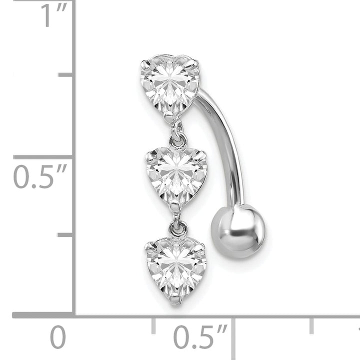 10k White Gold 5mm CZ Heart 3-Stone Belly Dangle
