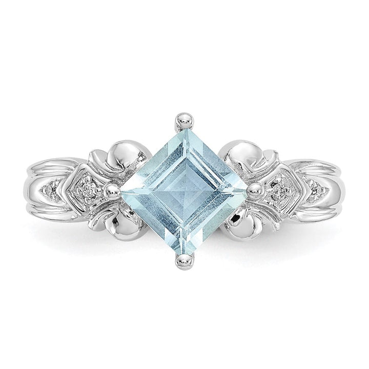 10k White Gold 6mm Princess Aquamarine and Diamond Ring