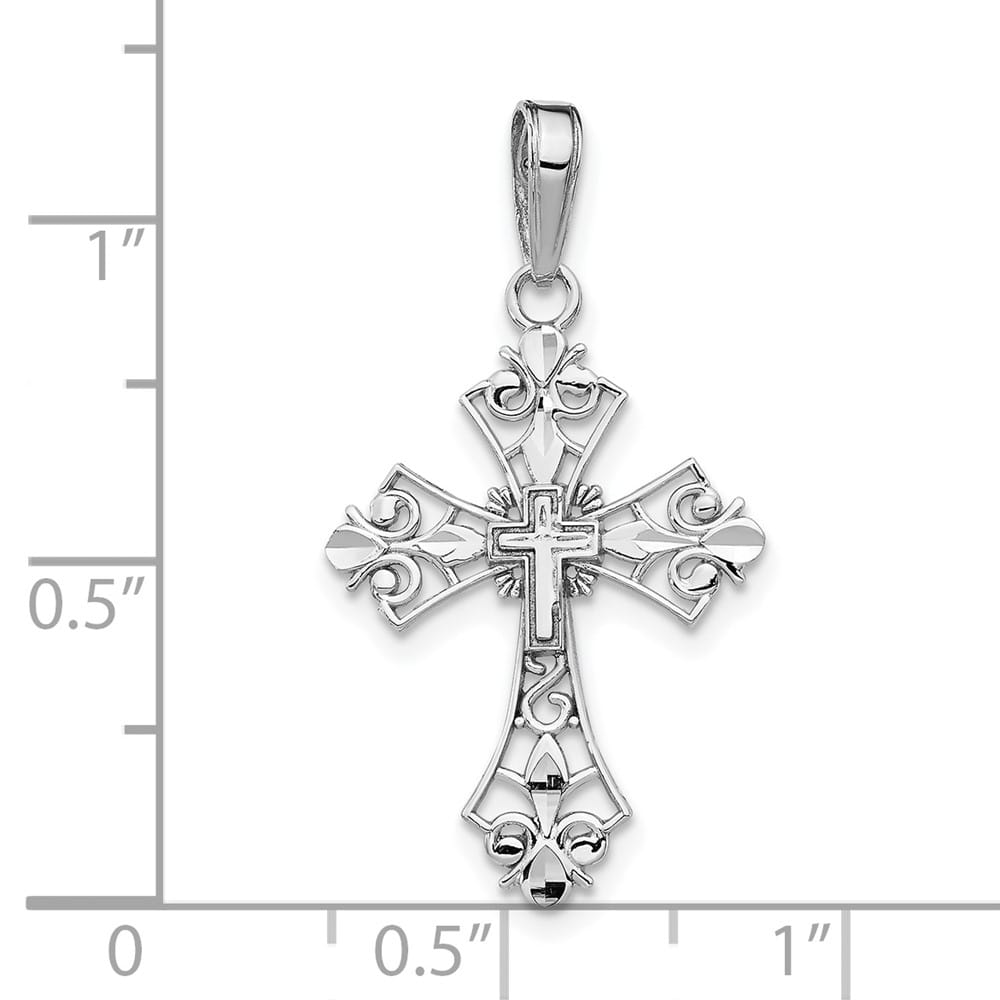 10K White Gold Hollow Polished Large Filigree Budded Cross Charm