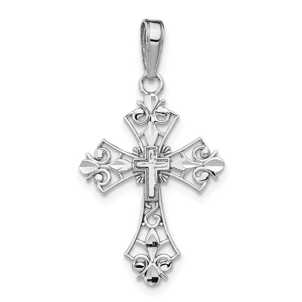 10K White Gold Hollow Polished Large Filigree Budded Cross Charm
