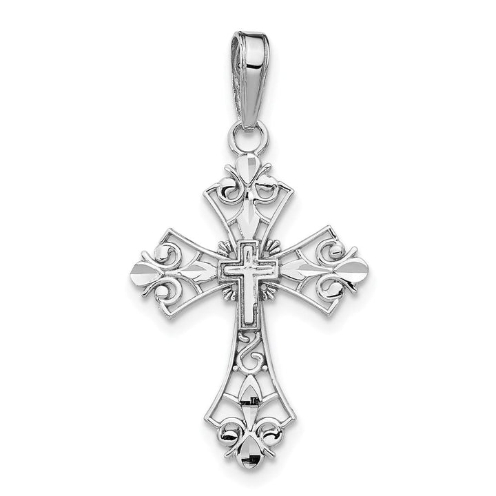 10K White Gold Hollow Polished Large Filigree Budded Cross Charm