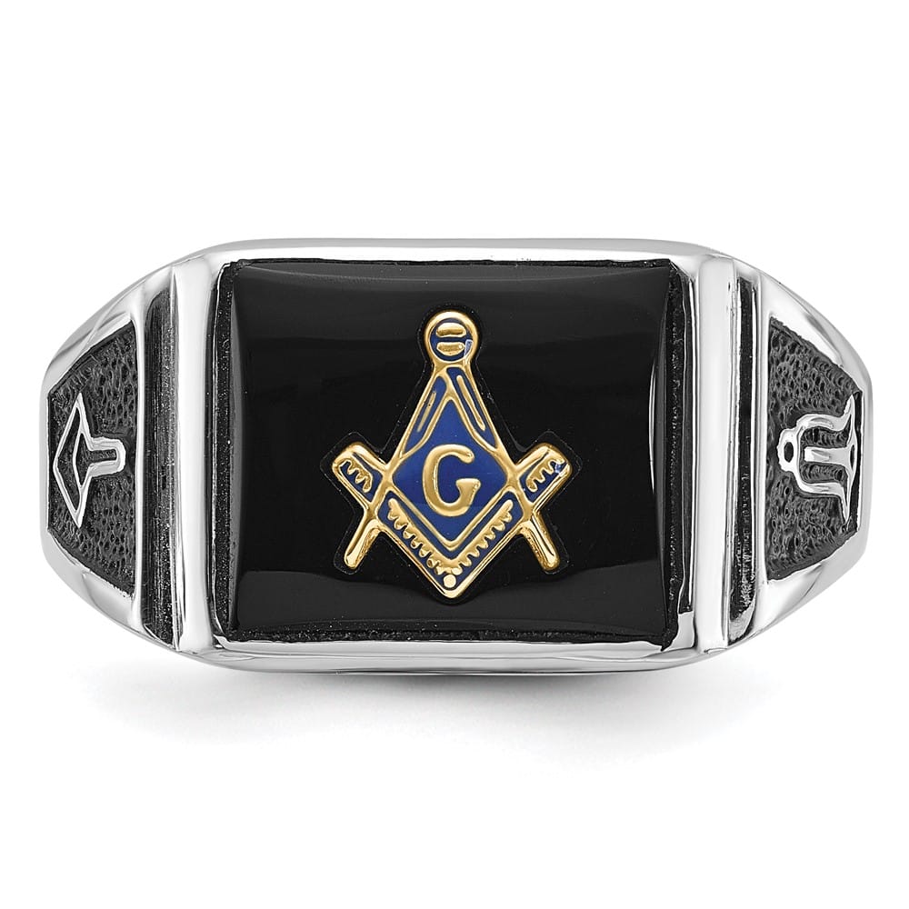 10k White Gold IB Goodman with Black Enamel and Onyx Masonic Ring