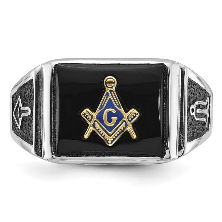 10k White Gold IB Goodman with Black Enamel and Onyx Masonic Ring