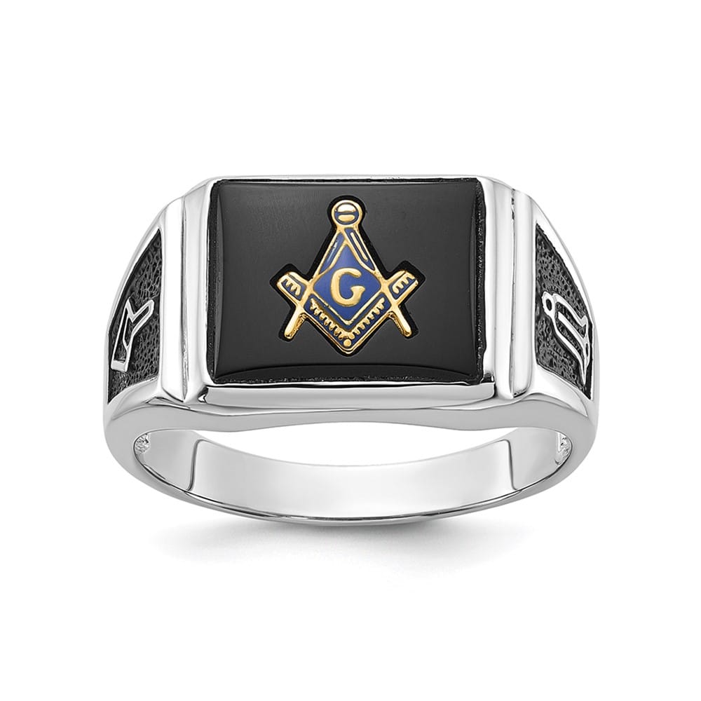 10k White Gold IB Goodman with Black Enamel and Onyx Masonic Ring
