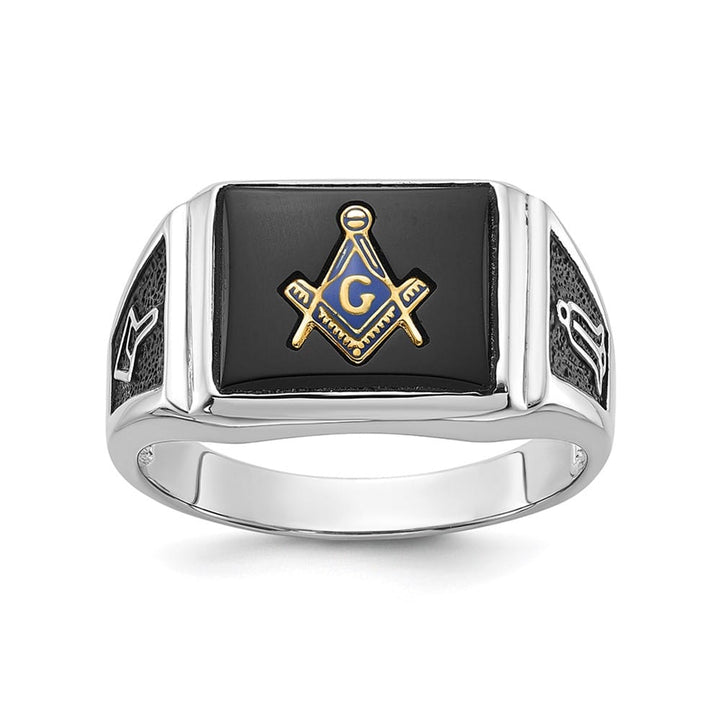 10k White Gold IB Goodman with Black Enamel and Onyx Masonic Ring