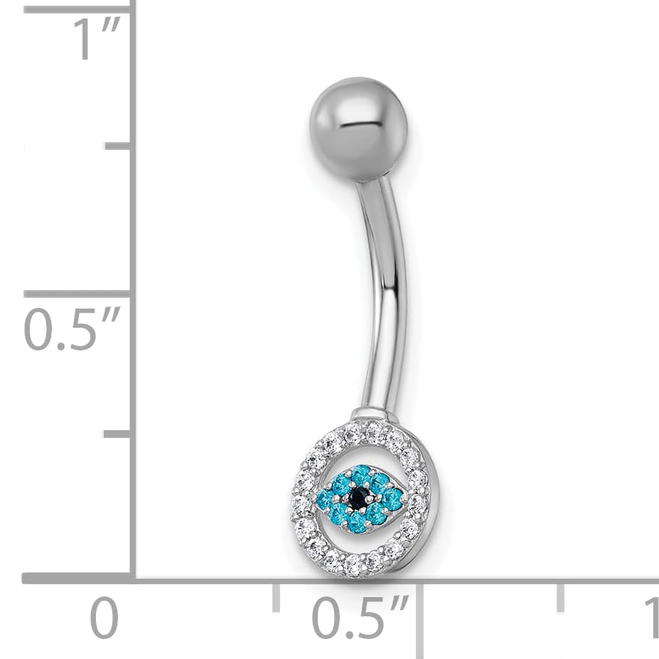 10k White Gold Polished 14 Gauge White and Blue CZ Evil Eye Navel Ring