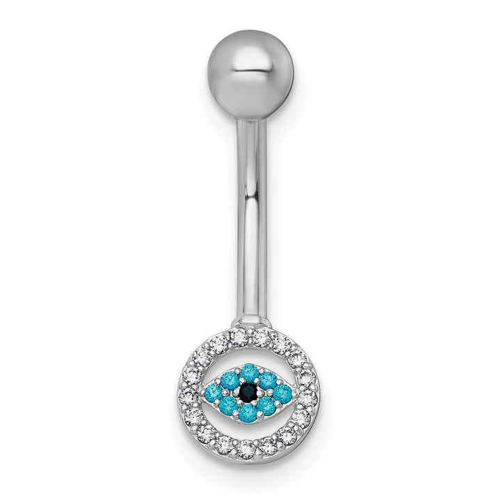 10k White Gold Polished 14 Gauge White and Blue CZ Evil Eye Navel Ring