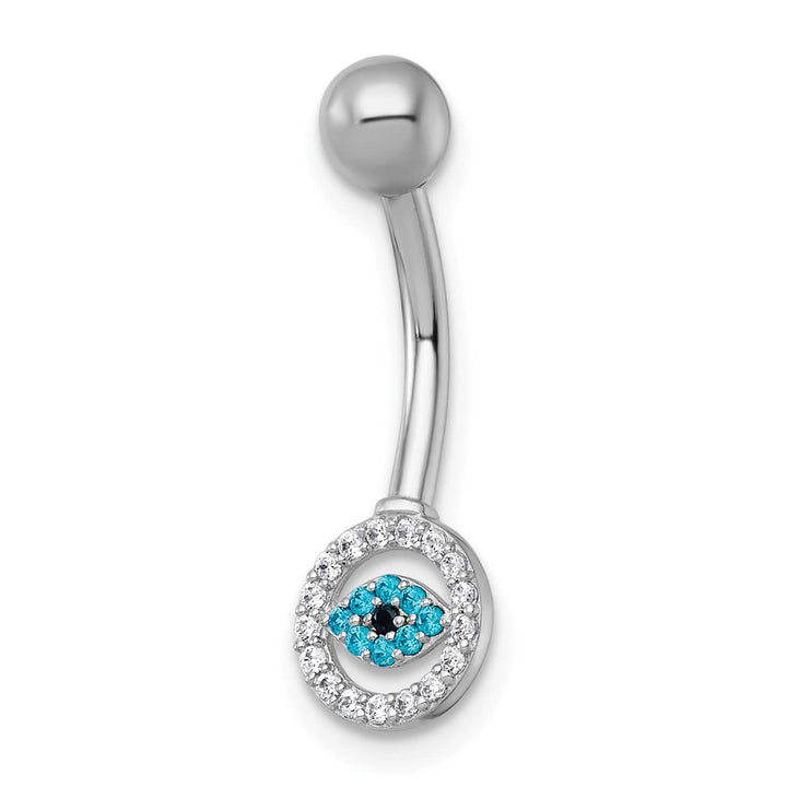 10k White Gold Polished 14 Gauge White and Blue CZ Evil Eye Navel Ring
