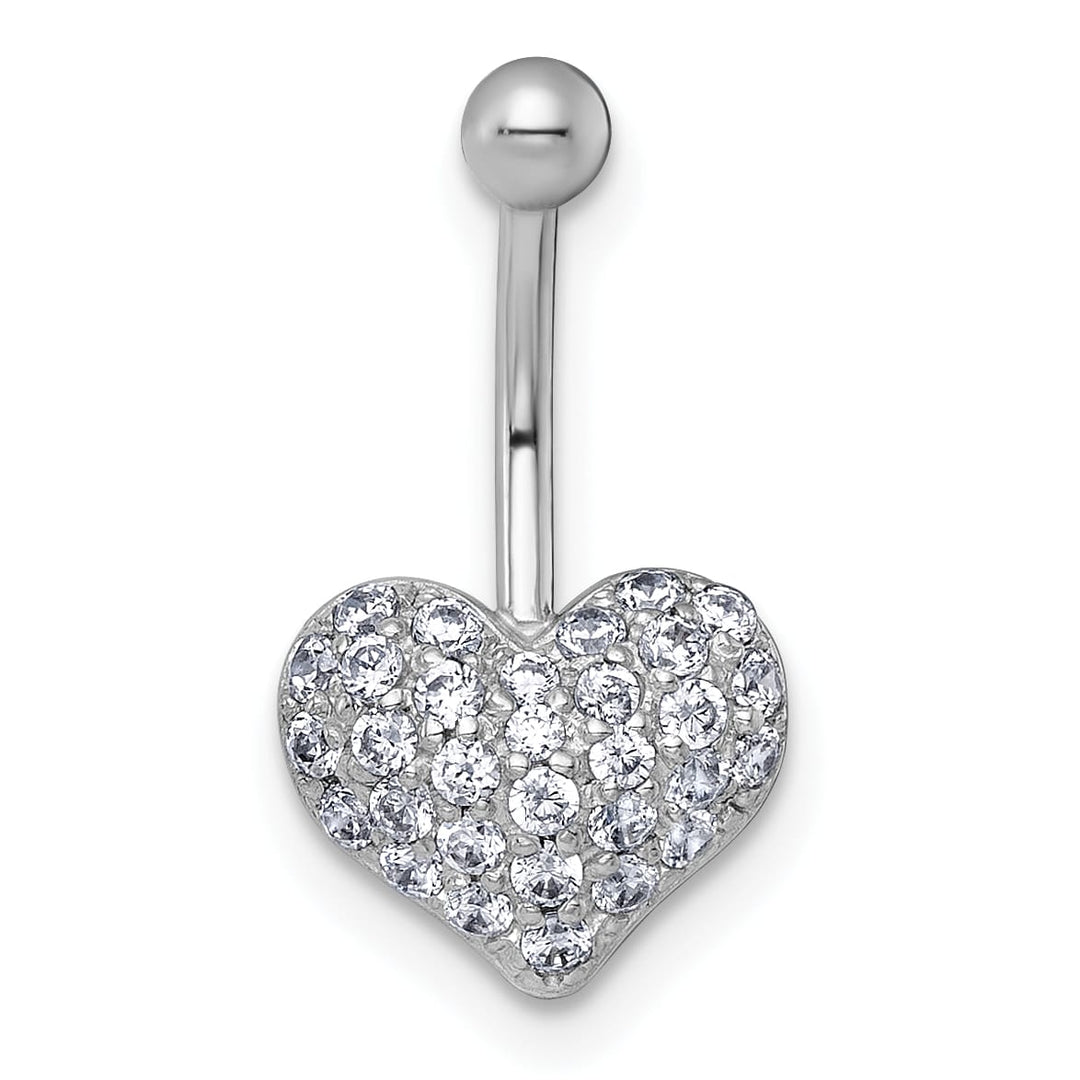 10k White Gold Polished 16 Gauge Pave CZ Heart Navel Ring
