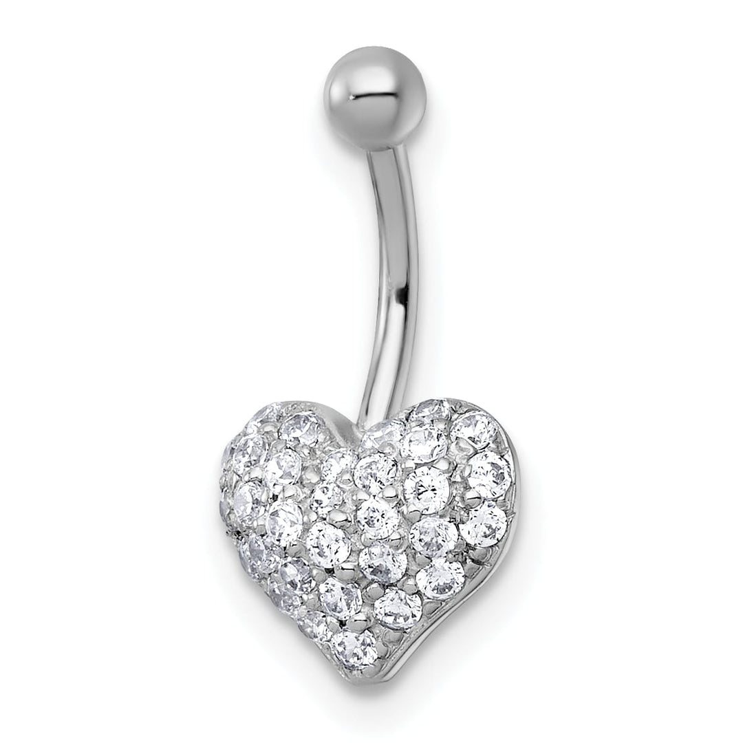 10k White Gold Polished 16 Gauge Pave CZ Heart Navel Ring
