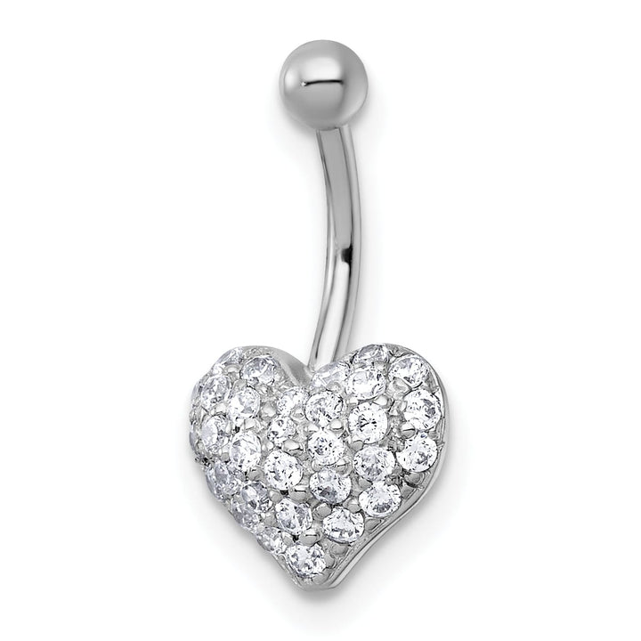 10k White Gold Polished 16 Gauge Pave CZ Heart Navel Ring