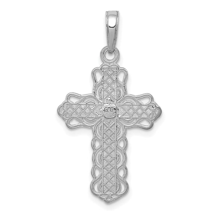 10K White Gold Polished Large Lace Trim Latin Cross Pendant