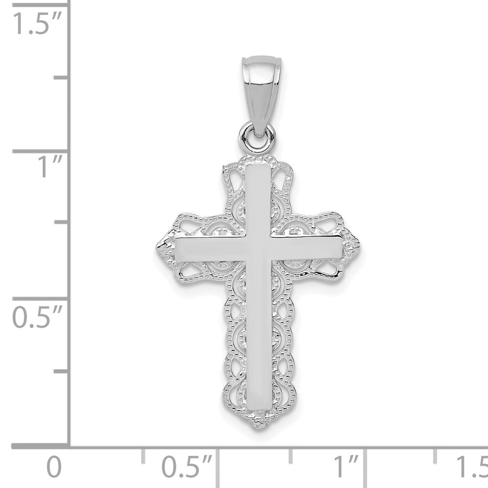 10K White Gold Polished Large Lace Trim Latin Cross Pendant