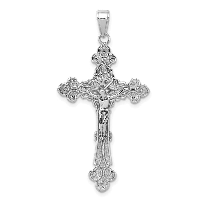 10K White Gold Polished Textured Crucifix Fleur de Lis Pendant