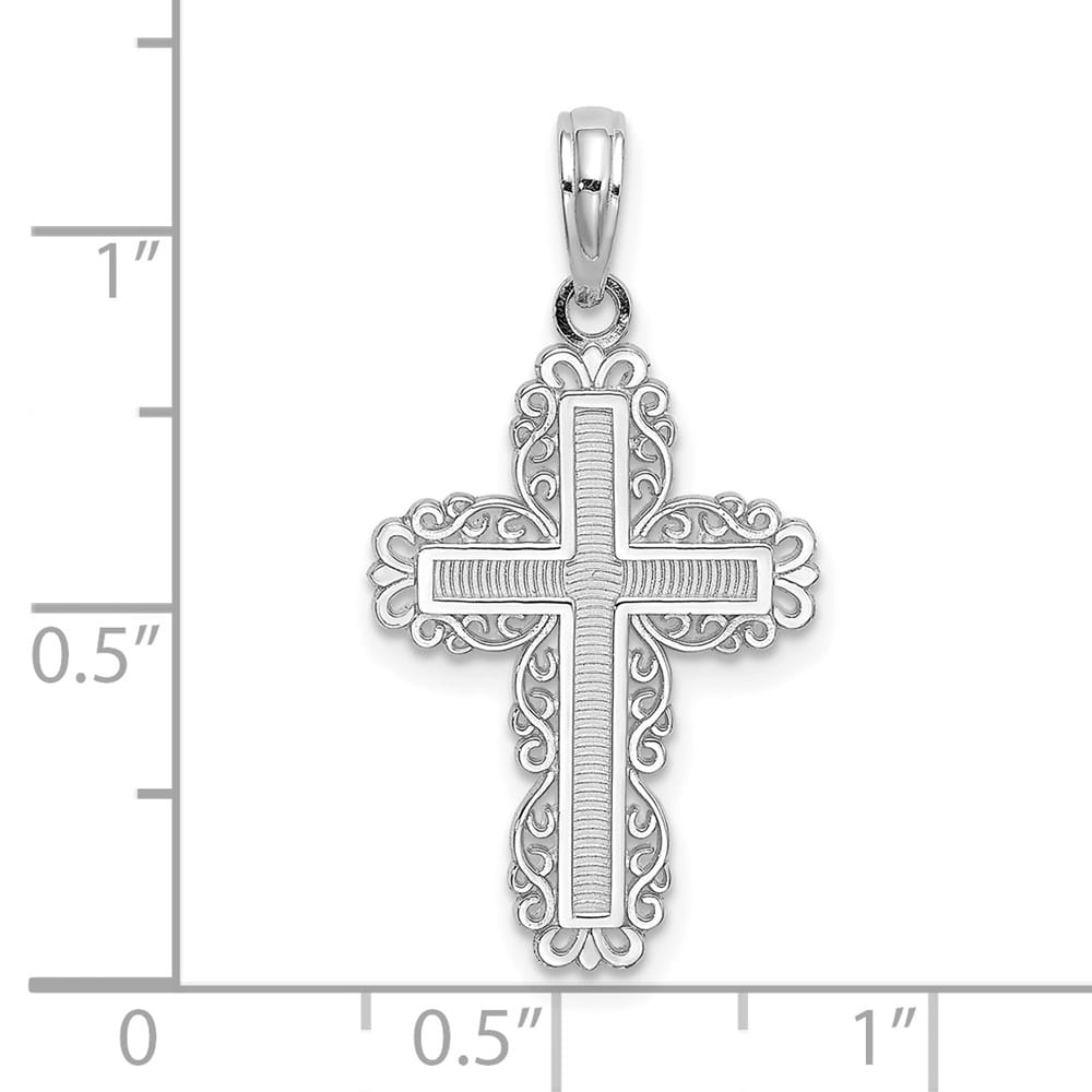 10K White Gold Polished Textured Medium with Lace Trim Cross Charm