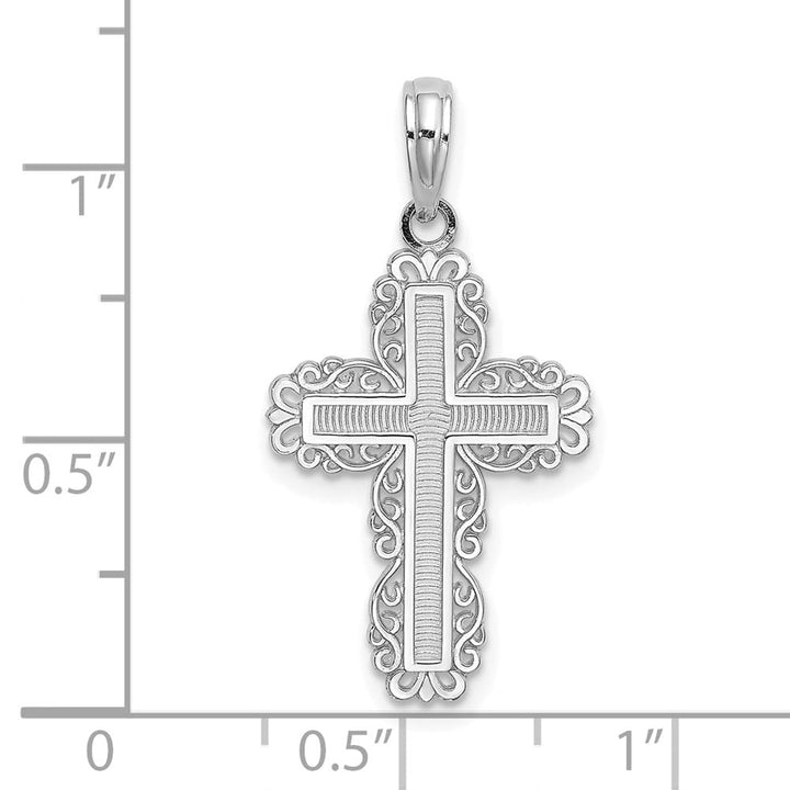 10K White Gold Polished Textured Medium with Lace Trim Cross Charm