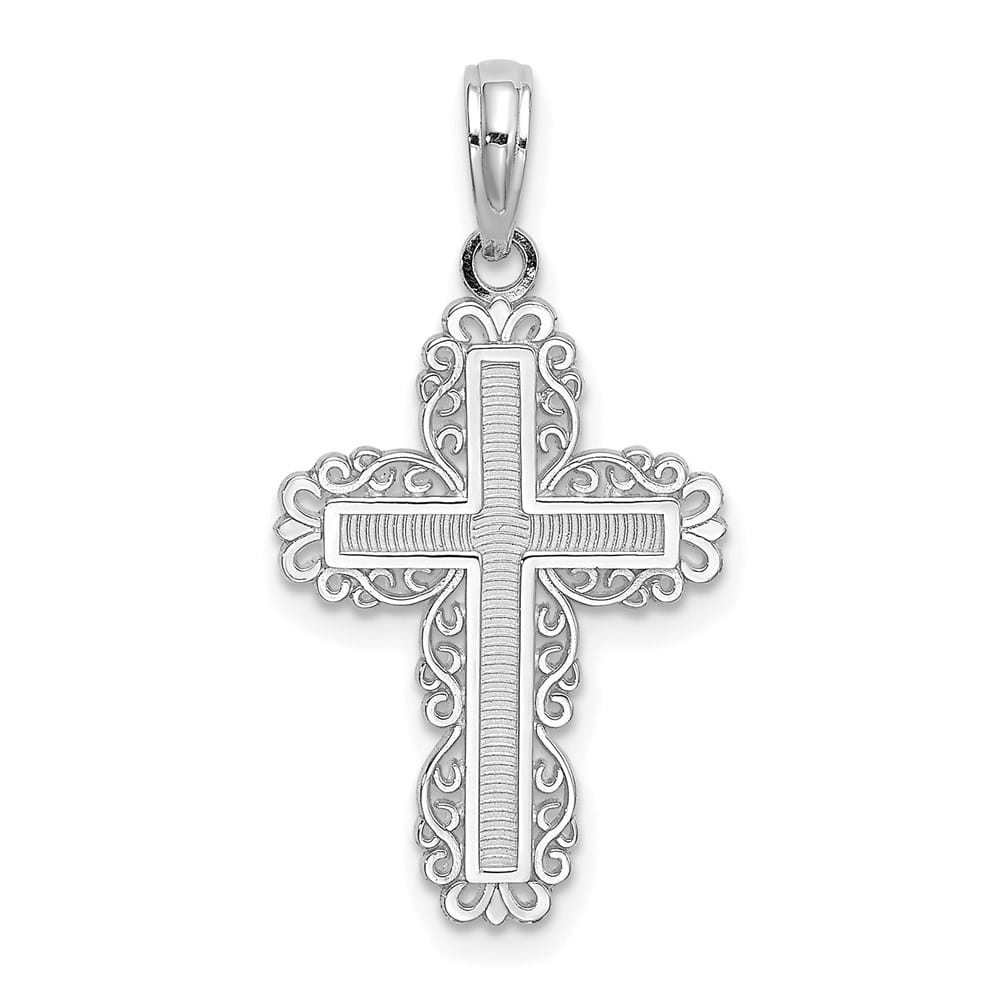 10K White Gold Polished Textured Medium with Lace Trim Cross Charm