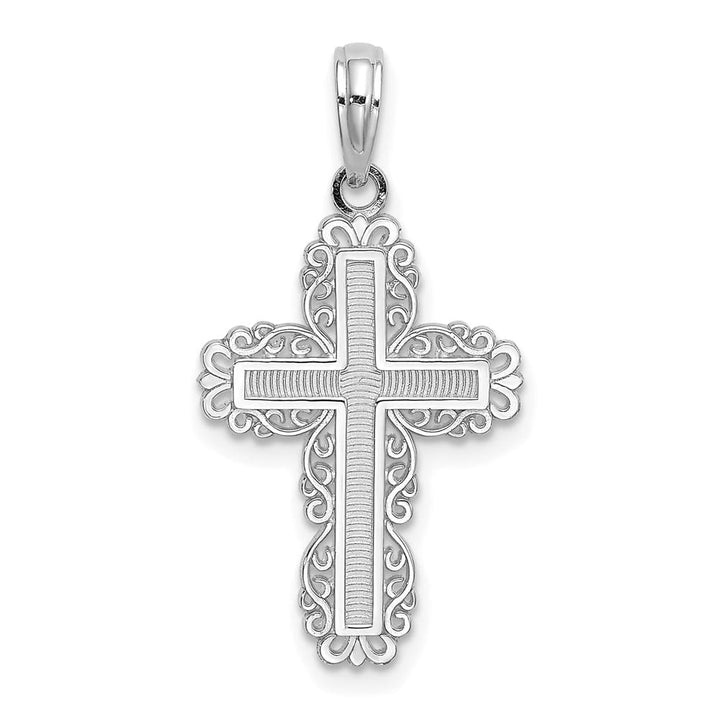 10K White Gold Polished Textured Medium with Lace Trim Cross Charm