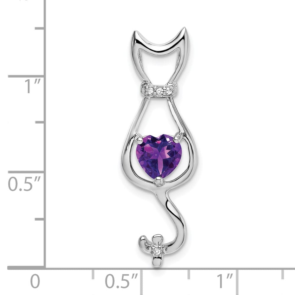 10K White Gold Solid Large Heart Amethyst and Diamond Cat Pendant