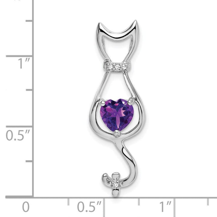 10K White Gold Solid Large Heart Amethyst and Diamond Cat Pendant