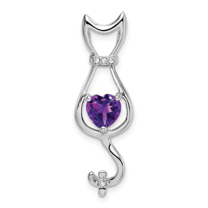 10K White Gold Solid Large Heart Amethyst and Diamond Cat Pendant