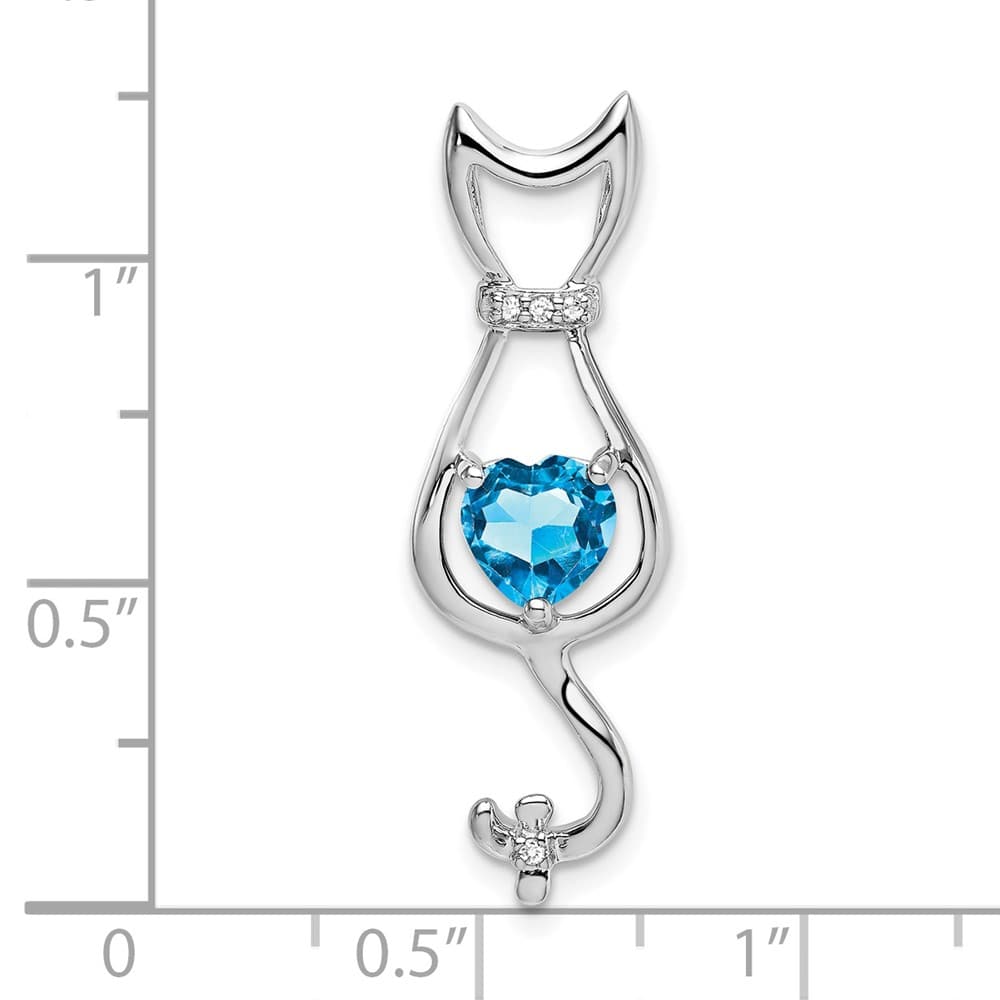 10K White Gold Solid Large Heart Blue Topaz and Diamond Cat Pendant