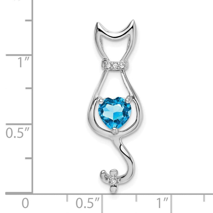 10K White Gold Solid Large Heart Blue Topaz and Diamond Cat Pendant