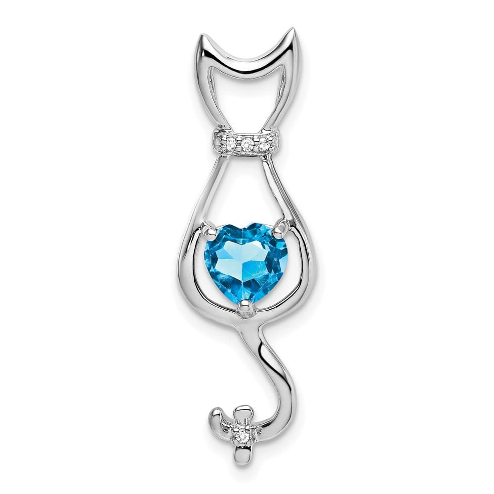 10K White Gold Solid Large Heart Blue Topaz and Diamond Cat Pendant