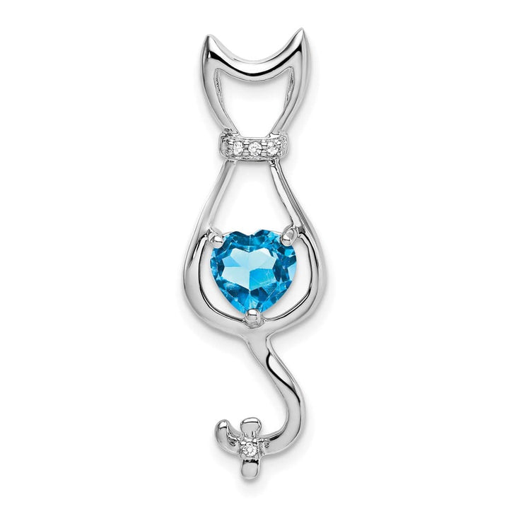 10K White Gold Solid Large Heart Blue Topaz and Diamond Cat Pendant