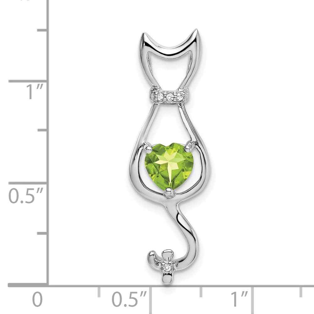 10K White Gold Solid Large Heart Peridot and Diamond Cat Pendant