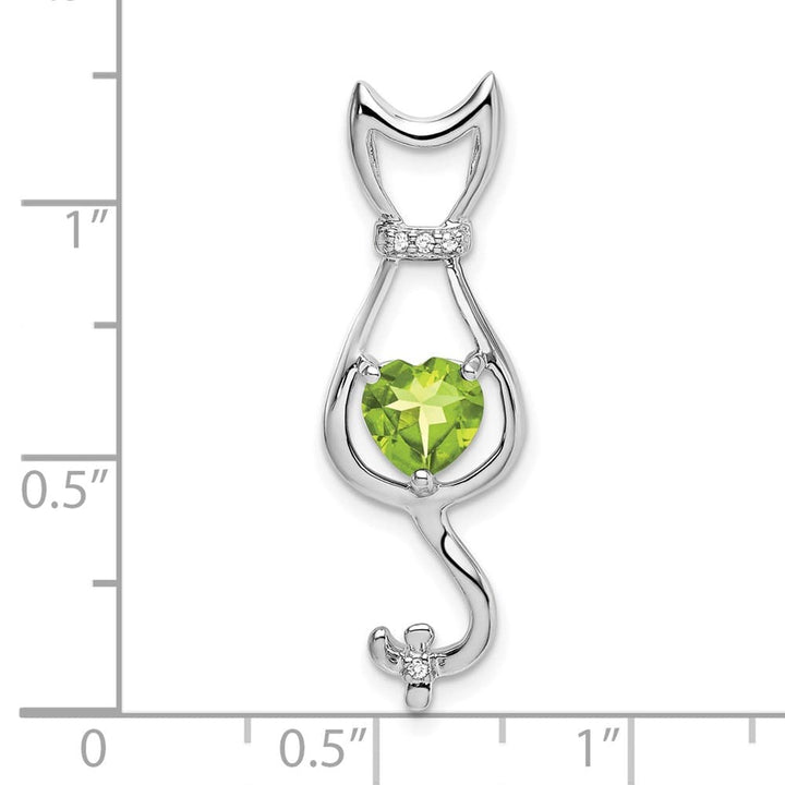 10K White Gold Solid Large Heart Peridot and Diamond Cat Pendant